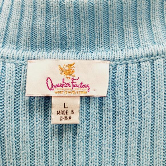 Sweater Full Zip Size L Rhinestone Zipper Powder Blue Dopamine Dressing Ribbed - Picture 15 of 15
